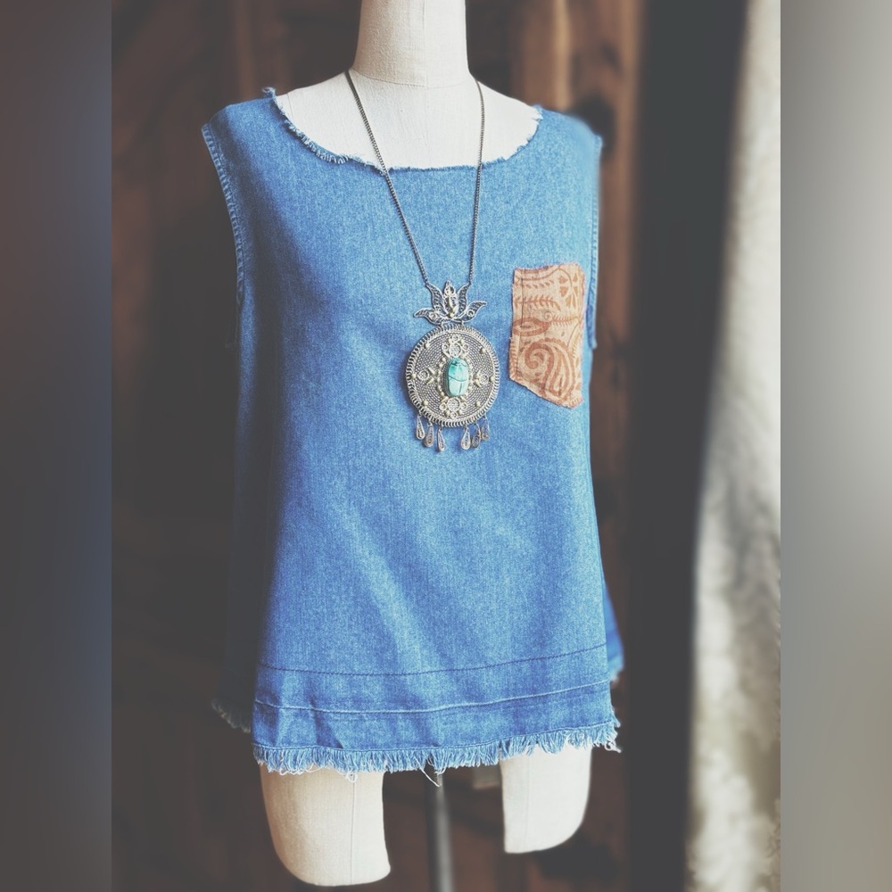 OOAK Artisan Top Raw Edge Collar & Hemline Patch Pocket
